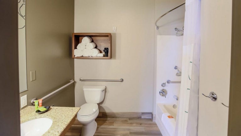 The accessible bathroom in the Grizzly Bear Suite